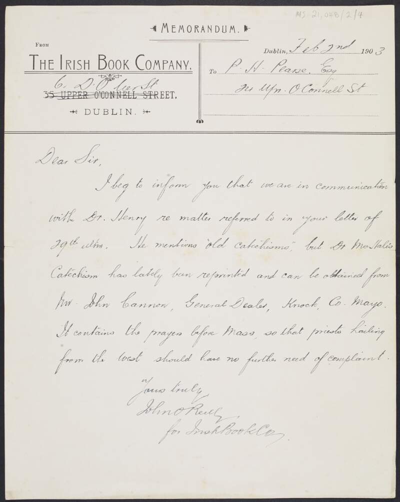 Memorandum from John O'Reilly for the Irish Book Company, Dublin, to Padraic Pearse regarding their communication with Dr. Henry and the publication of prayers in Irish,