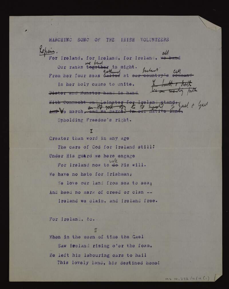 Annotated typescript draft of lyrics of the song 'Marching song of the Irish Volunteers',