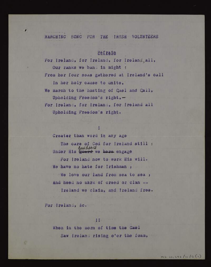 Annotated typescript draft of lyrics of the song 'Marching song of the Irish Volunteers',