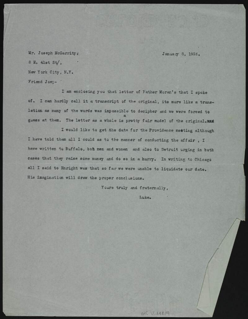 Typescript letter from Luke Dillon to Joseph McGarrity regarding the next Clan-na-Gael meeting in Providence,