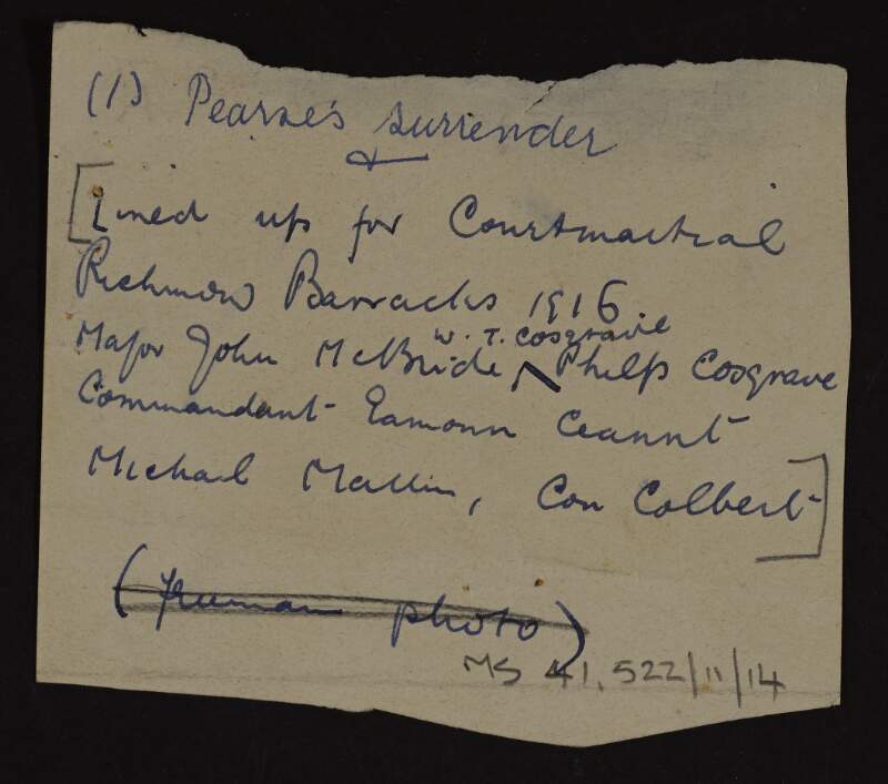 Notes [of illustrations or captions?] with list of names including Pearse, Cosgrave, Mallin, etc.,