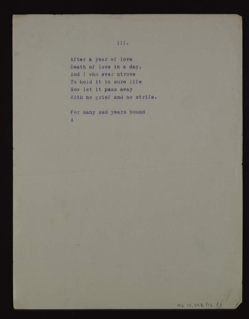 Incomplete typescript copy of the poem ['After a year'],