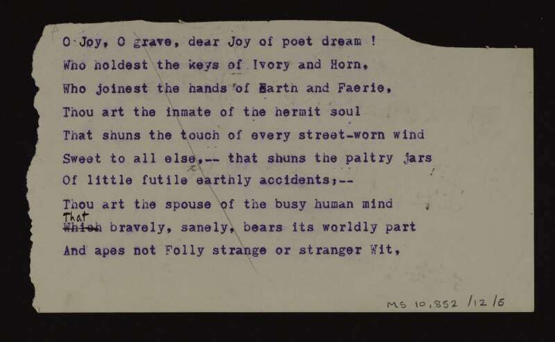 Partial annotated typescript draft of the poem 'The golden joy',