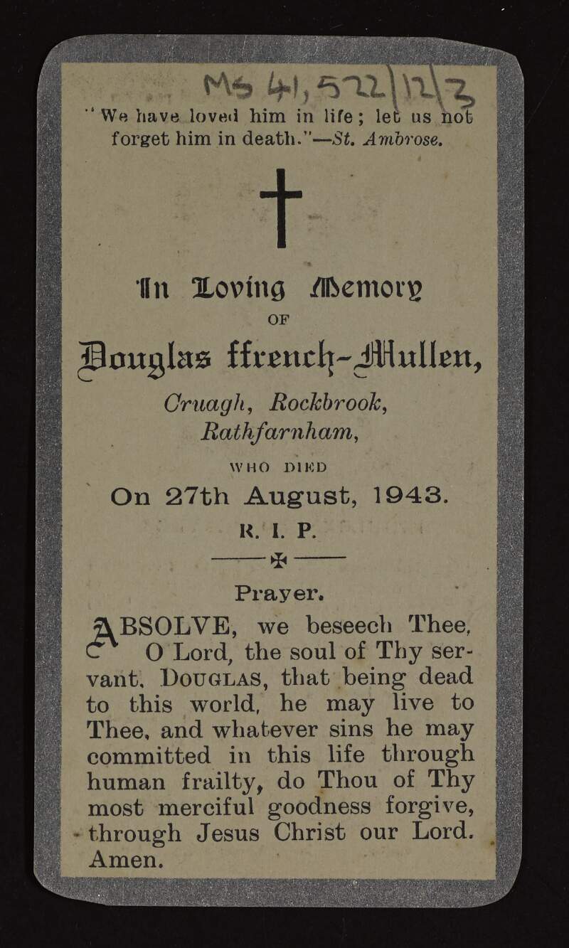 Memorial card for Douglas ffrench-Mullen,