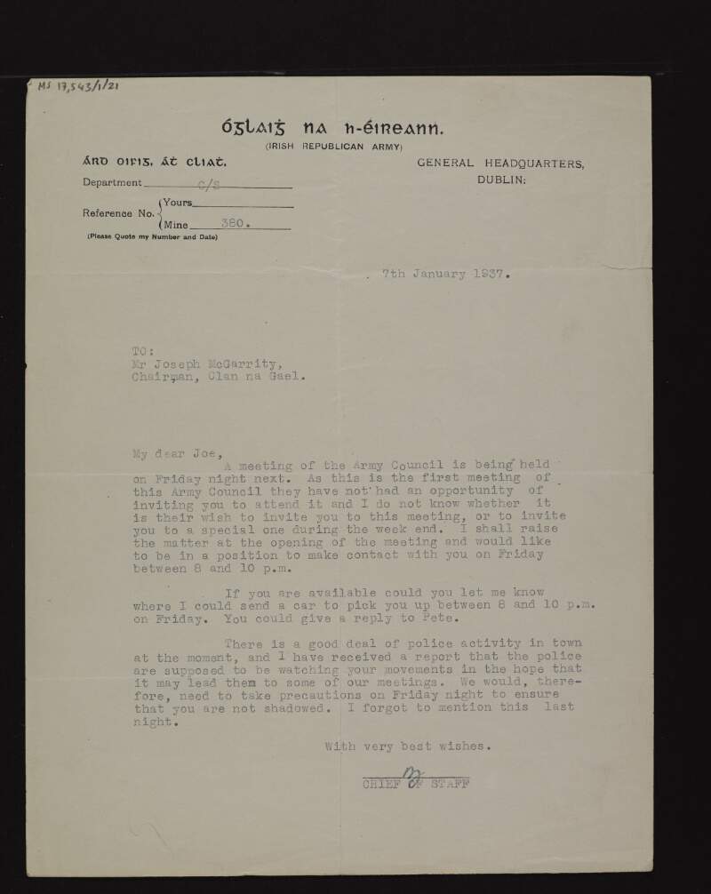 Letter from Tom Barry [as IRA Chief of Staff] to Joseph McGarrity, informing him of a planned meeting of the new IRA Army Council,