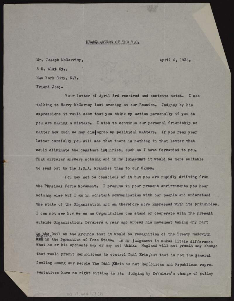 Typescript letter from Luke Dillon to Joseph McGarrity setting out the key principles of Clan-na-Gael as a Republican Organisation on which they have drifted apart,