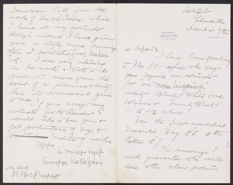 Letter from George Fagan to Padraic Pearse regarding the pricing of the inclusion of his illustrations in "An Dara Léightheoir" [The Second Reader] and also including his observations on the price of the publication "An tÁilleán",