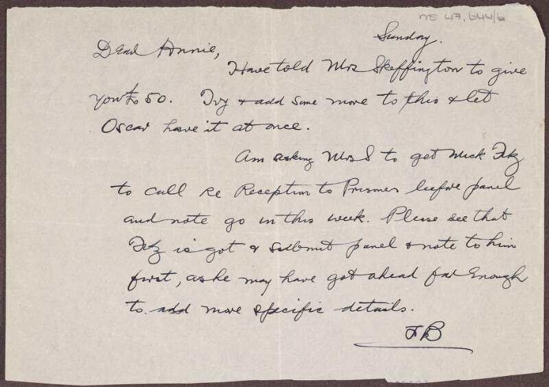 Letter to Annie O'Farrelly from "J.B." concerning "Mick Fitz" and a "reception to Prisoners before panel",