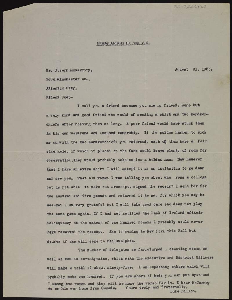 Typescript letter from Luke Dillon to Joseph McGarrity regarding an "old woman", the Bank of Ireland and their "delinquency" regarding a receipt,