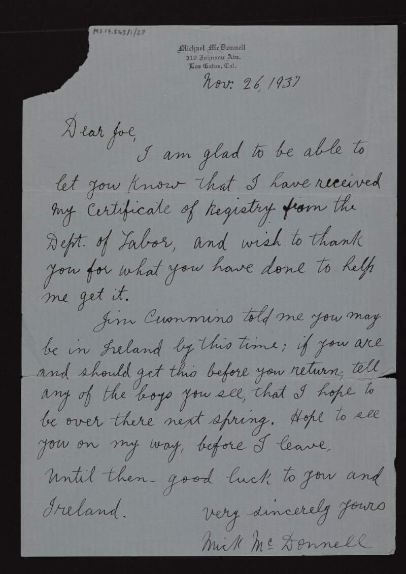 Letter from Mick McDonnell to Joseph McGarrity, informing him that he has received the certificate of registry, and thanking him for his efforts in helping to get it,