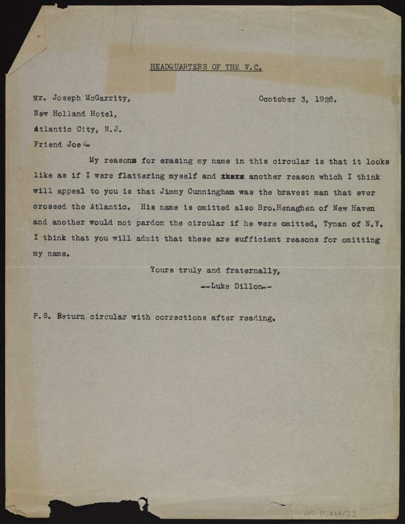 Typescript letter from Luke Dillon to Joseph McGarrity explaining why he removed his own name from the circular,