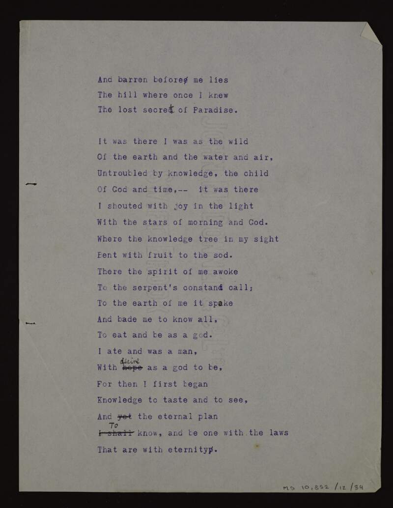 Partial, annotated typescript draft of the poem ['The tree of knowledge'],