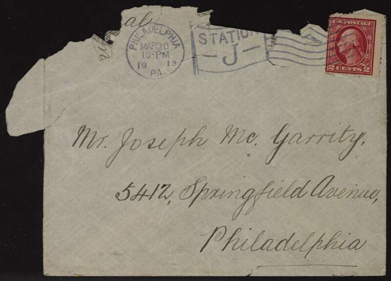 Letter from Maggie Ellison to Joseph McGarrity on her arrival in Philadelphia from Carrickmore, Co. Tyrone, asking for work and enclosing a letter of reference from Dr. Patrick McCartan,