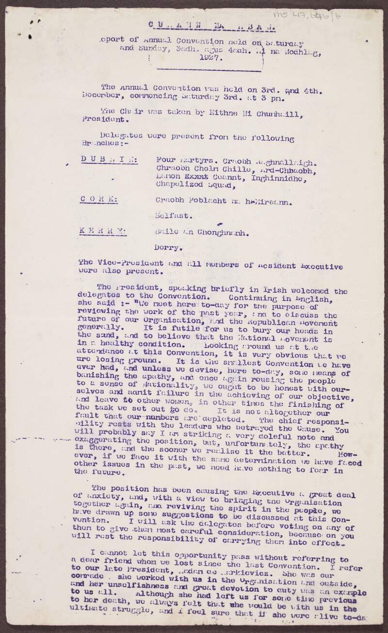 Agenda from the Cumann na mBan Convention, including acknowledgement of the death of Constance Markievicz,