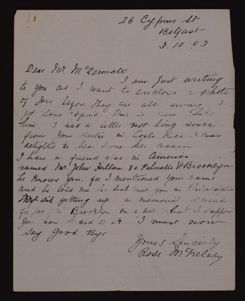 Letter from Rose McKelvey to Seamus McDermott enclosing a photograph of her son, Joseph McKelvey, and mentioning a memorial service for him in Boston,