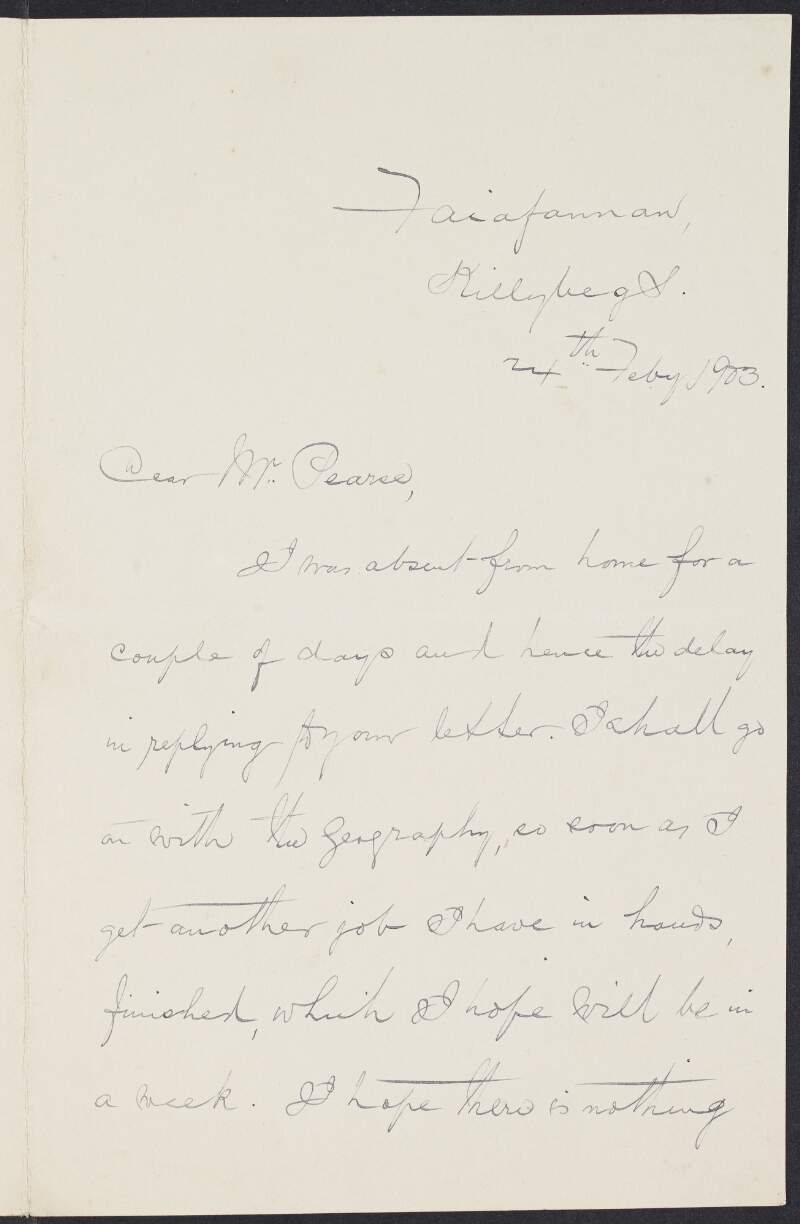 Letter from John C. Ward to Padraic Pearse regarding recent developments at the Gaelic League Árd Craobh and a possible arguement related to [Eoin] Mac Neill and O' Naughton [Eoghan Ó Neachtain],