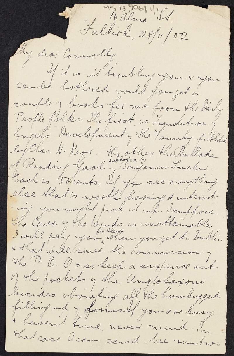 Letter from John Carstairs Matheson to James Connolly asking Connolly to obtain books for him and writing about an election in Falkirk and various political figures in the United Kingdom,