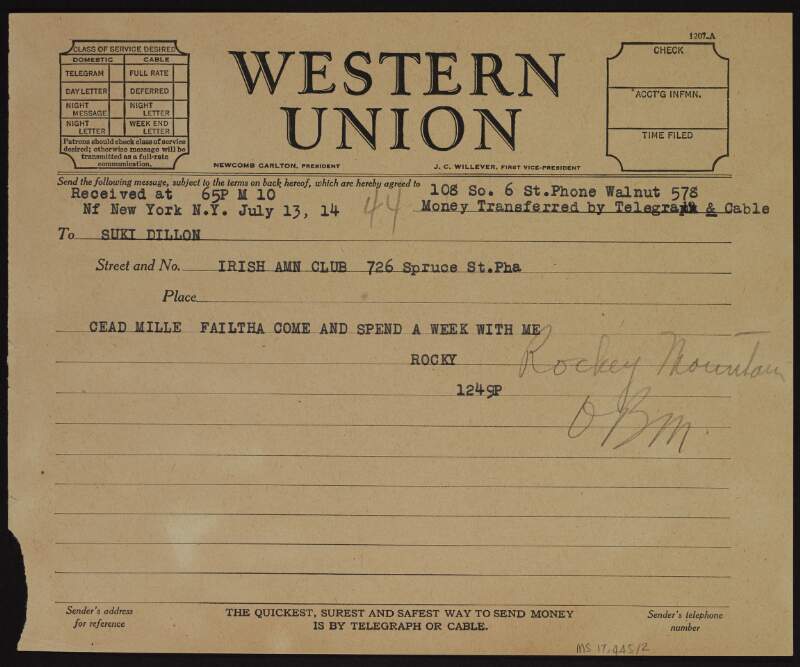 Telegram from "Rocky" to "Suki Dillon" [Luke Dillon] at the Irish American Club in Philadelphia reading "Cead mille failtha come spend a week with me",