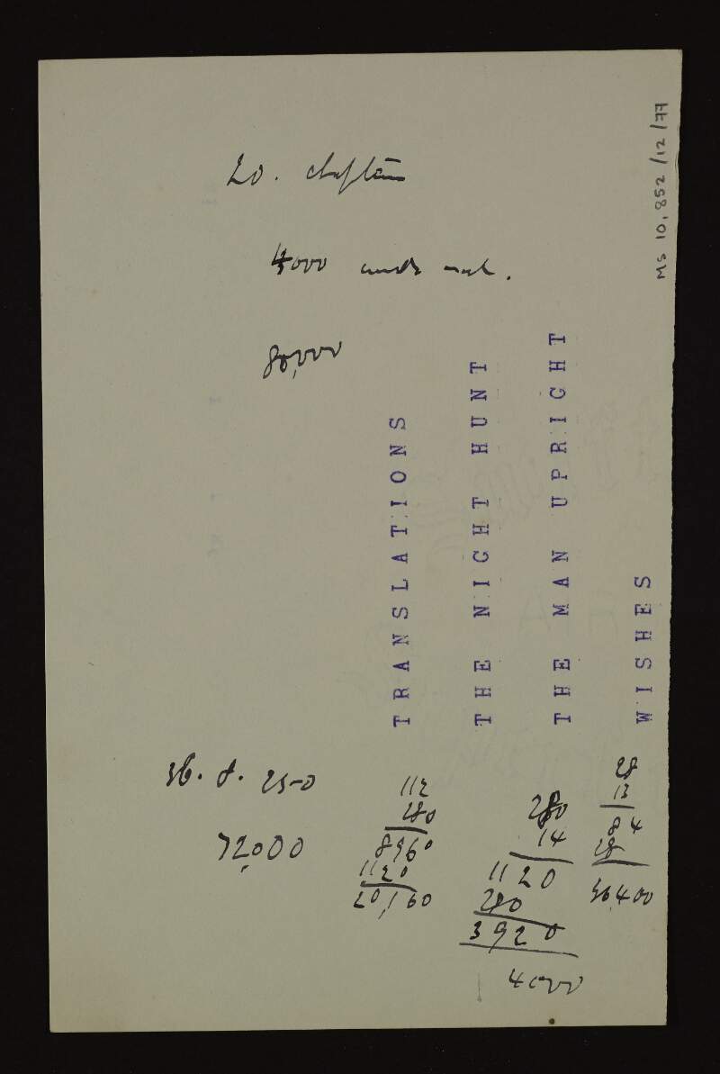 Sheet bearing the typescript title 'Translations / The night hunt / The man upright / Wishes', the manuscript annotation "4000 words" and unspecified accounts,