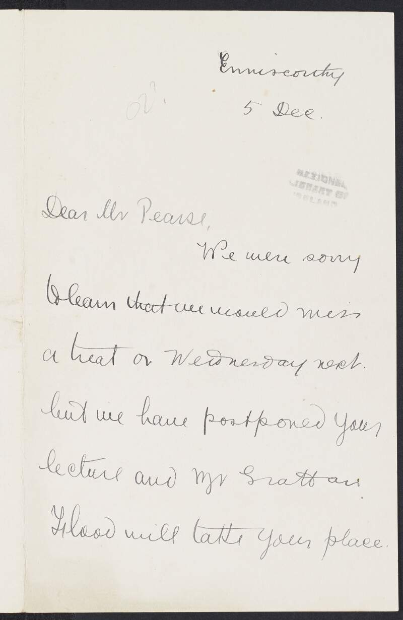 Letter from Canon Patrick Murphy to Padraic Pearse regarding rearranging his lecture for after Christmas as Padraic Pearse is otherwise engaged and has to cancel his lecture for that Wednesday,