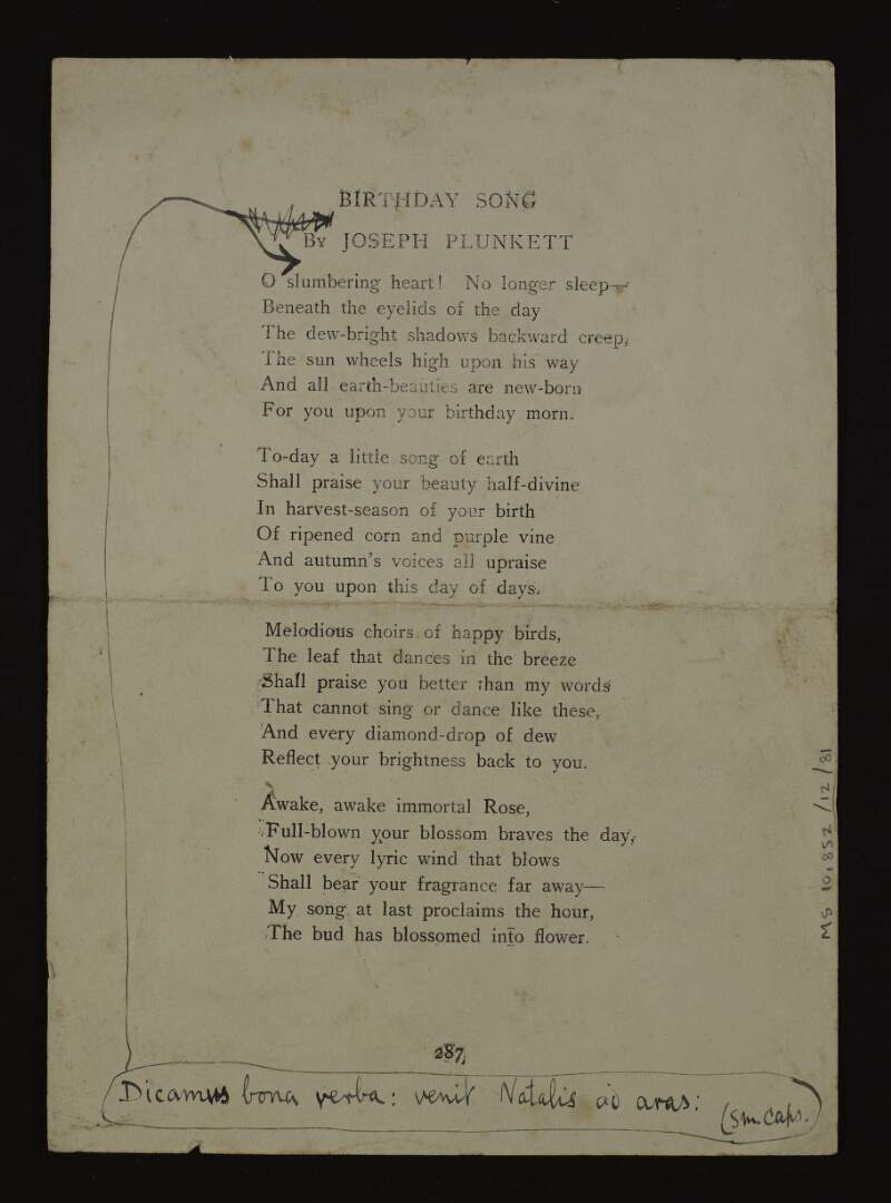 Annotated typescript copy of the poem 'Birthday song', for publication in the 'Irish Review',