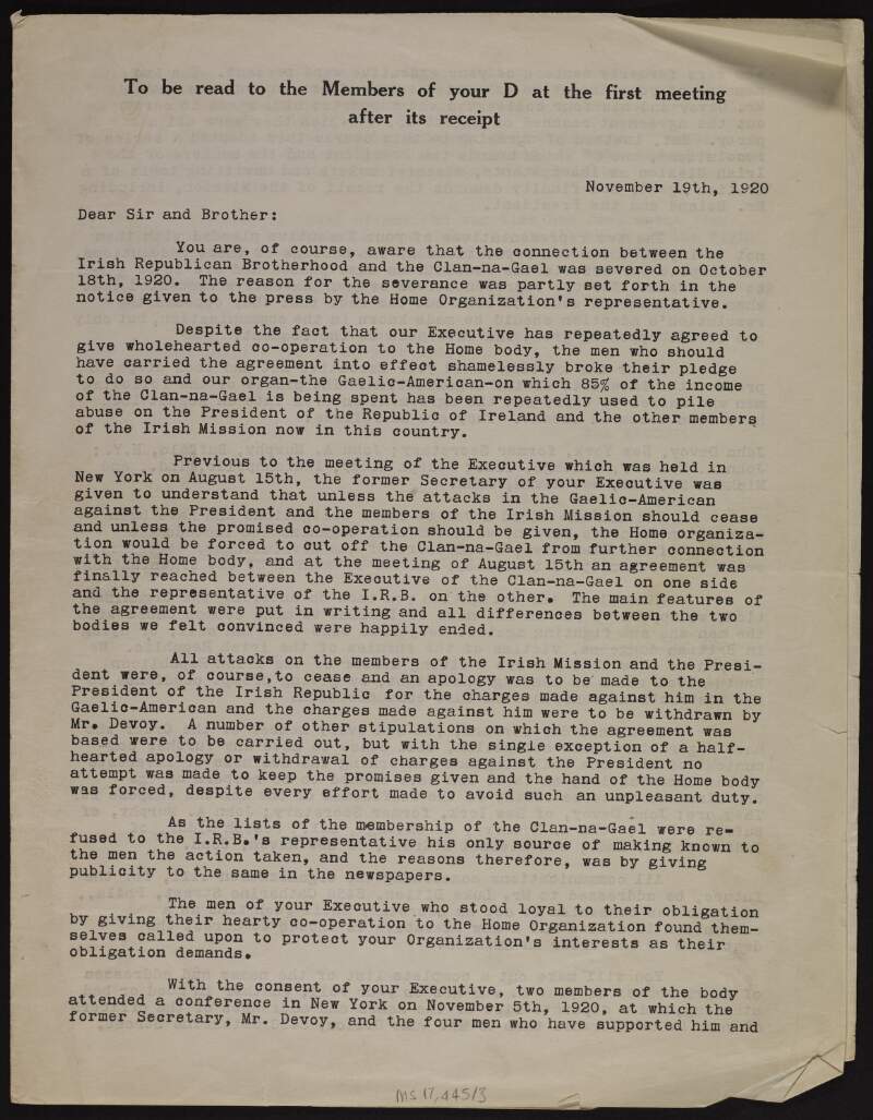 Typescript circular from Luke Dillon, Acting Secretary of the Executive of Clan-na-Gael, to the District Officers regarding the expulsion of John Devoy, John A. Murphy, John A. McGarry and Michael McGrail,