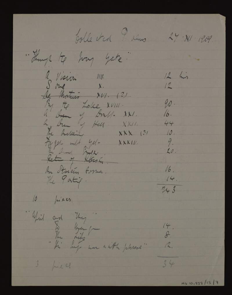 Manuscript list of poems for inclusion in the unpublished poetry collection 'Collected poems',