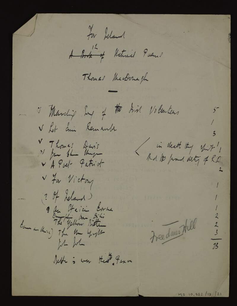 Manuscript draft of contents list for the unpublished poetry collection 'For Ireland : 12 national poems', with an annotated typescript draft of the poem 'Isn't it pleasant for the little birds' on the verso,