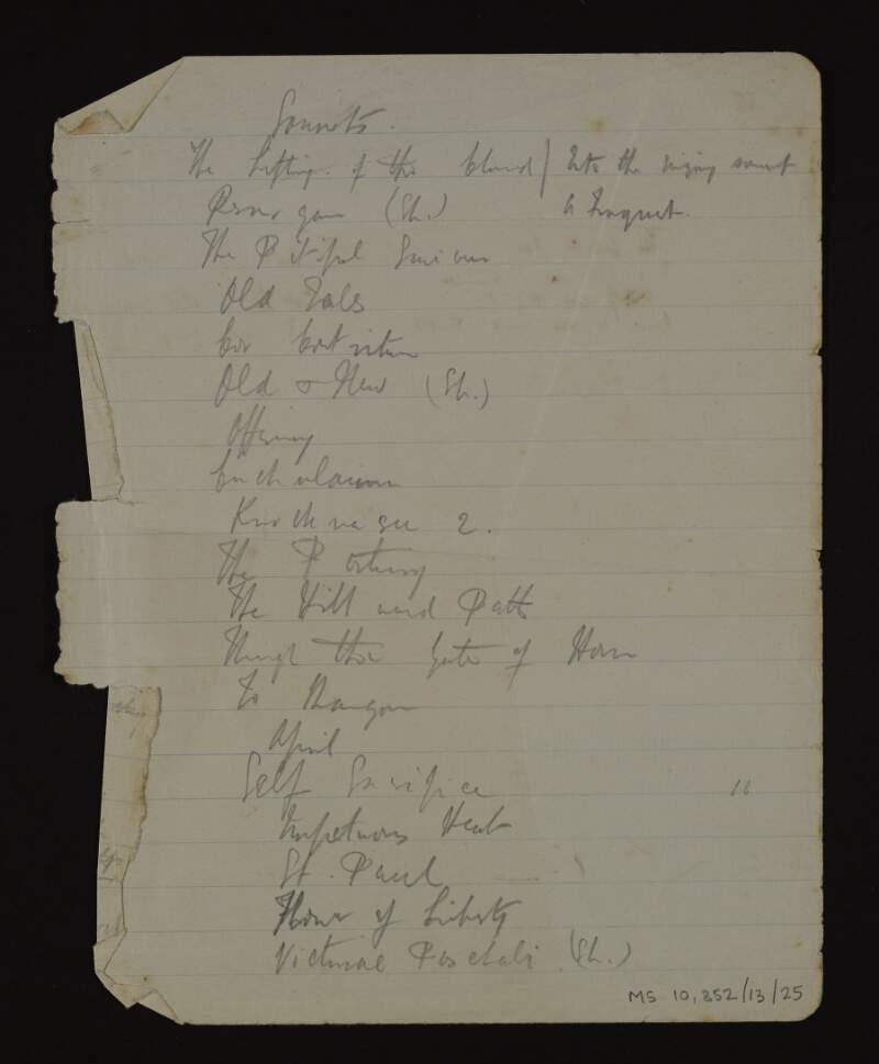 Manuscript list of sonnets, with incomplete drafts of poems on the verso,