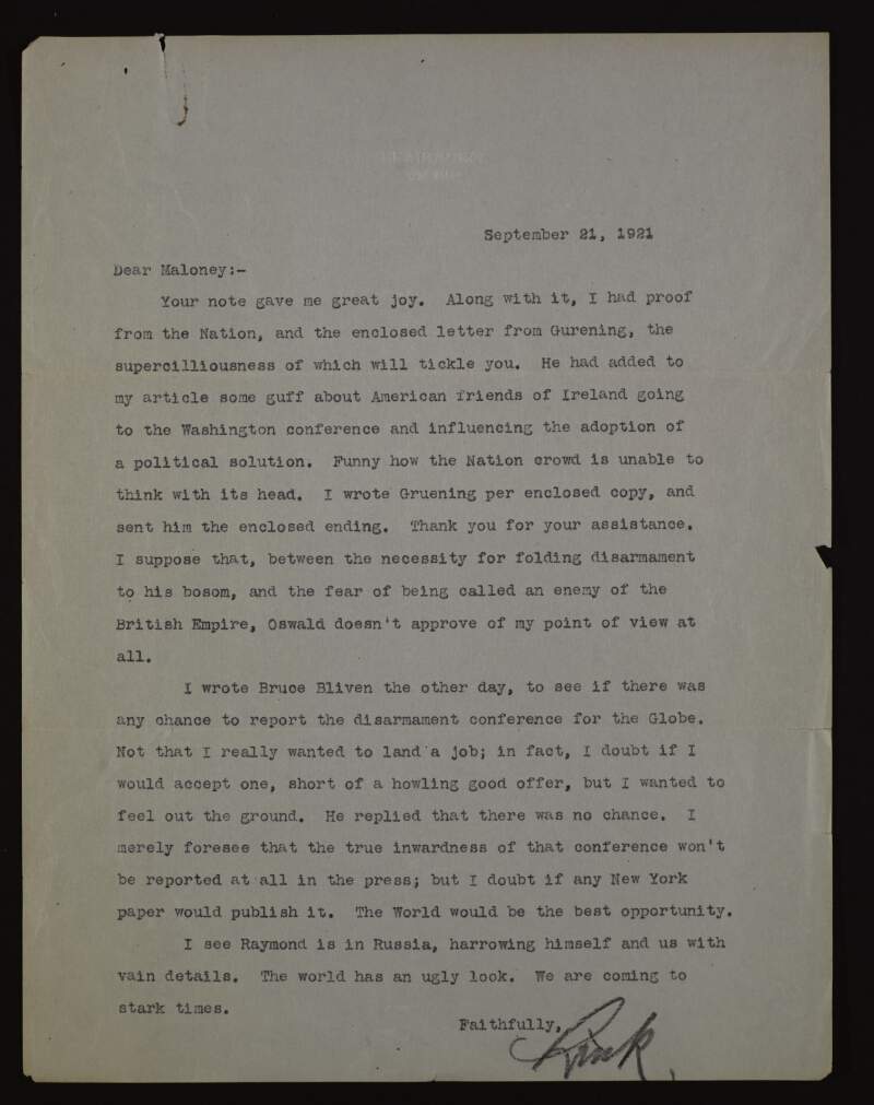 Letter from Lincoln Colcord to Dr. William J. Maloney regarding published articles on Ireland and a disarmament conference,