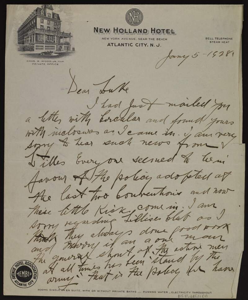 Letter from Joseph McGarrity to Luke Dillon advocating they uphold the policy agreed to at the Convention regardless of Éamon de Valera's adoption of a policy "contrary to the ideals of the army",