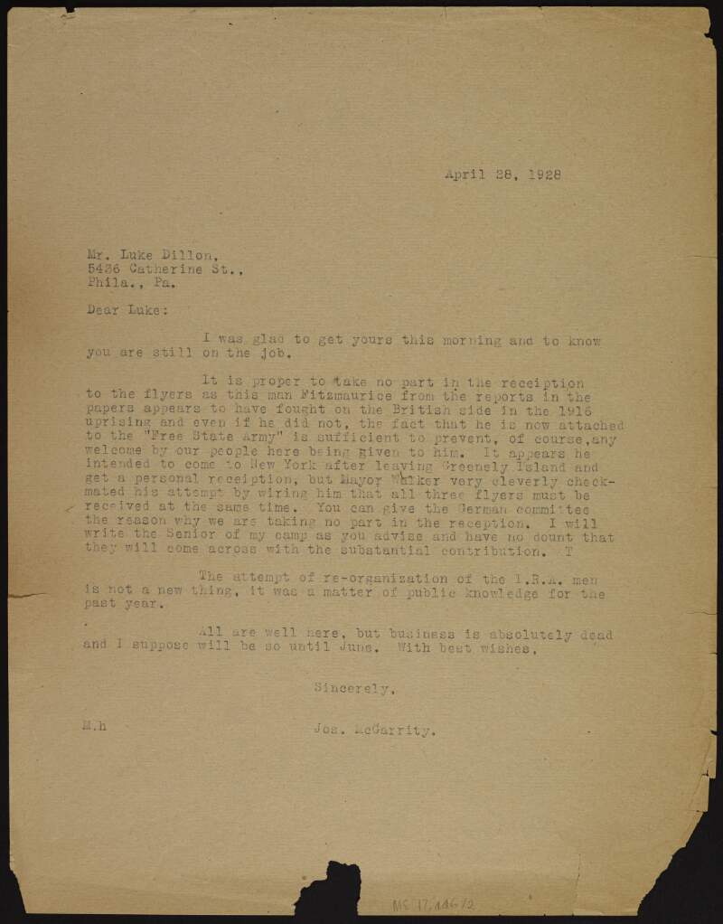 Typescript letter from Joseph McGarrity to Luke Dillon advising not to take part in the reception of Irish pilot James Fitzmaurice on account of his reputation to have fought on the British side in the 1916 uprising,