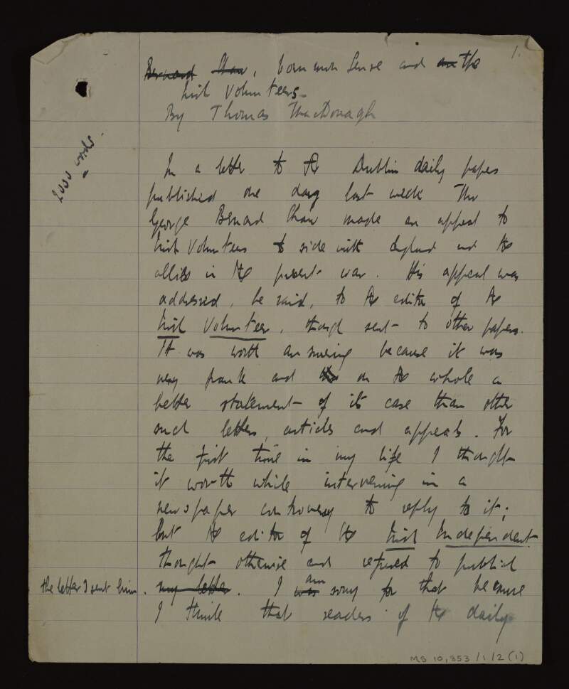 Manuscript draft of article/letter entitled 'Common sense and the Irish Volunteers' by Thomas MacDonagh,