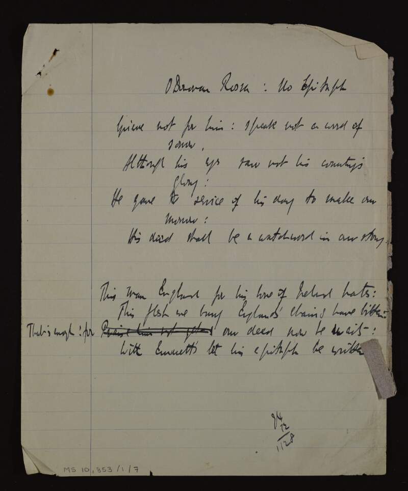 Manuscript draft of the poem 'O'Donovan Rossa : no epitaph',