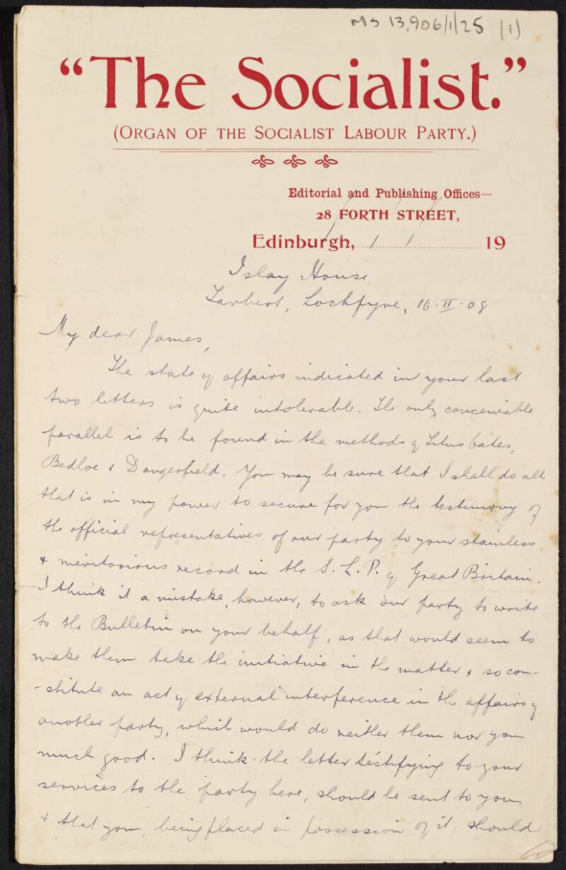 Letter from John Carstairs Matheson to James Connolly about the troubles facing the Socialist Labour Parties in the United States and the United Kingdom,
