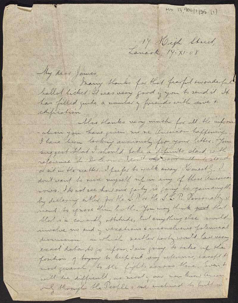 Letter from John Carstairs Matheson to James Connolly in which he states that he does not "want to mix myself up in any of these American rows" and writes of feeling "very depressed and dispirited" over political difficulties,