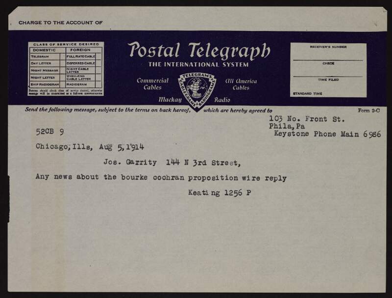 Telegram from John T. Keating to Joseph McGarrity: "Any news about the bourke cochran proposition wire reply",