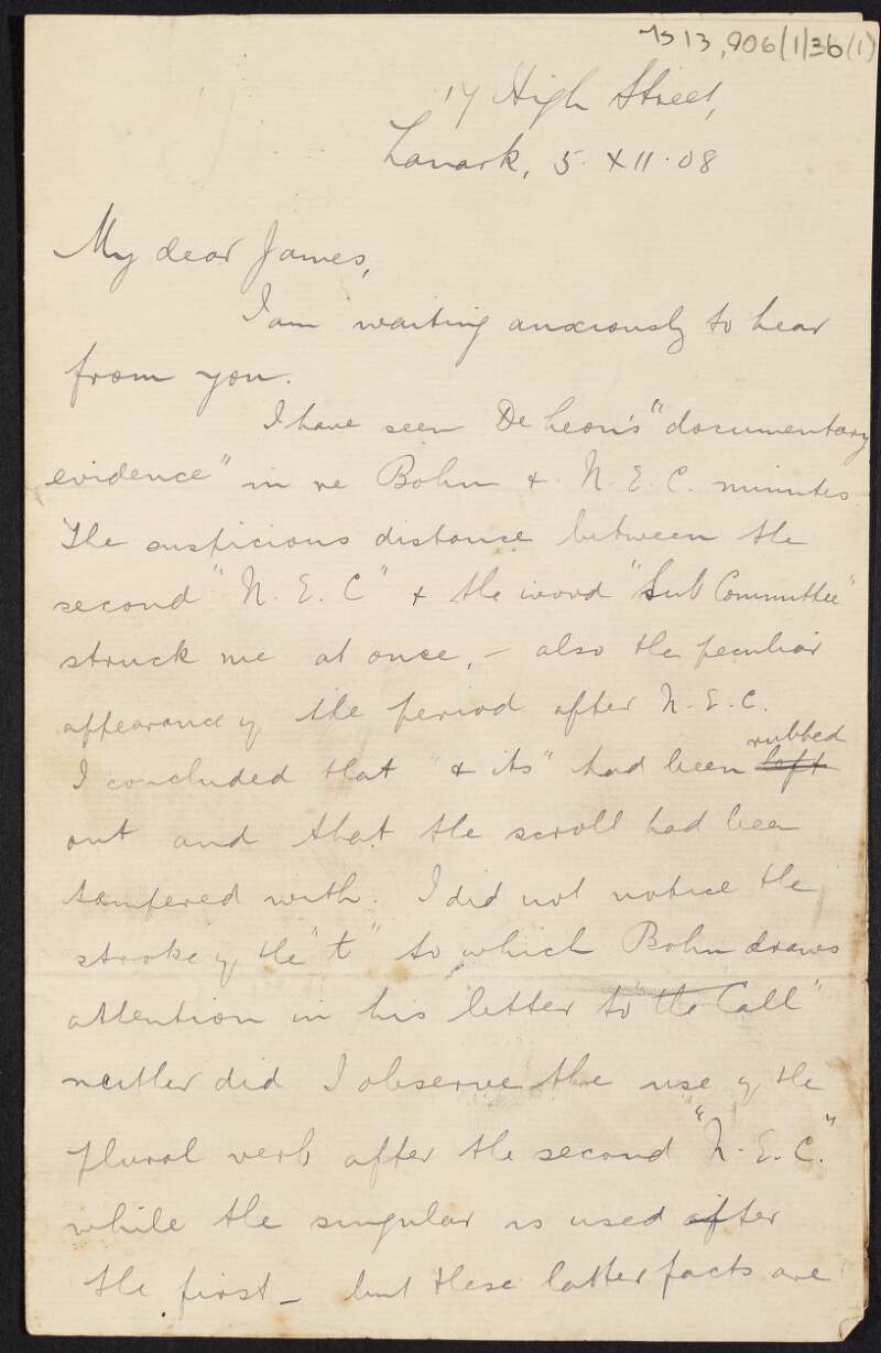 Letter from John Carstairs Matheson to James Connolly about charges made by Daniel De Leon against James Connolly and Frank Bohn and related meeting minutes,