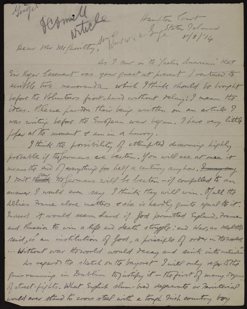Letter from J.J. O'Connell to Joseph McGarrity discussing the possible outcomes of World War One,