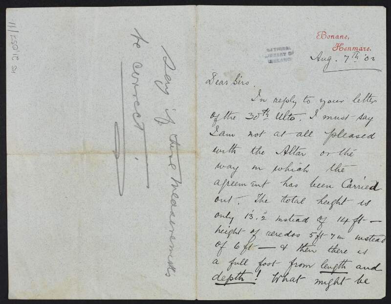Letter from J. Brown to Pearse & Sons expressing his displeasure at the finished altar and the manner in which the agreement was carried out and requesting 4 large vases as compensation,
