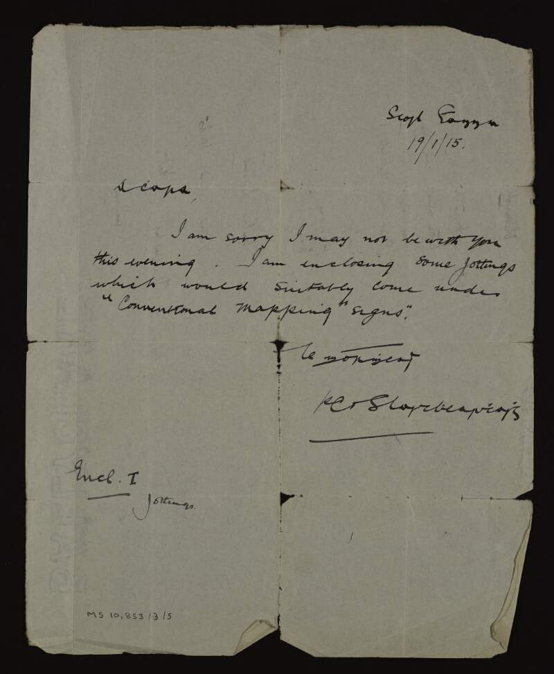 Letter from P. Slaitbhearthaigh [Peter Slattery] to Thomas MacDonagh enclosing some jottings about "conventional mapping signs",