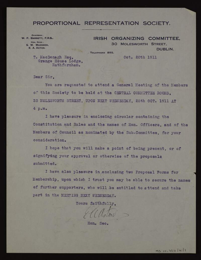 Letter from E.A. Aston, honorary secretary of the Proportional Representation Society, to Thomas MacDonagh inviting him to a general meeting on 25th October,