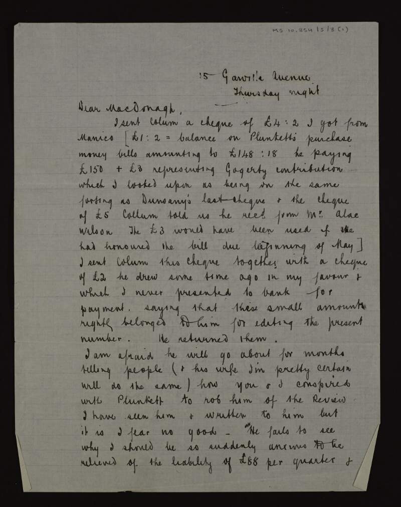 Letter from David Houston to Thomas MacDonagh regarding the sale of 'The Irish Review' to Joseph Mary Plunkett and the negative reaction of Padraic Colum to the sale,