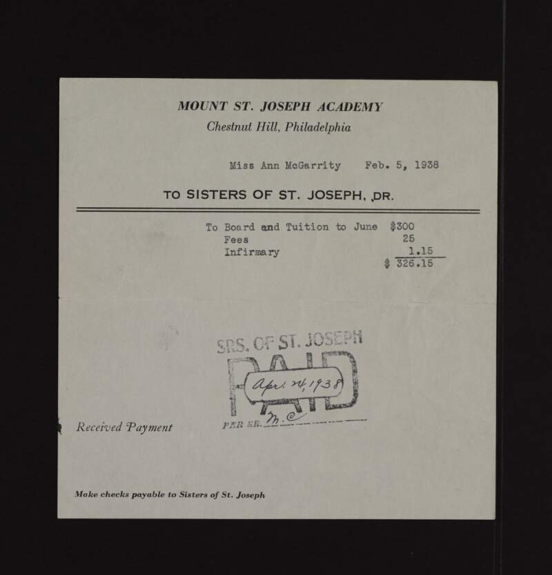 Receipt from Mount St. Joseph Academy to Ann McGarrity for tuition fees in the amount of $326.15,