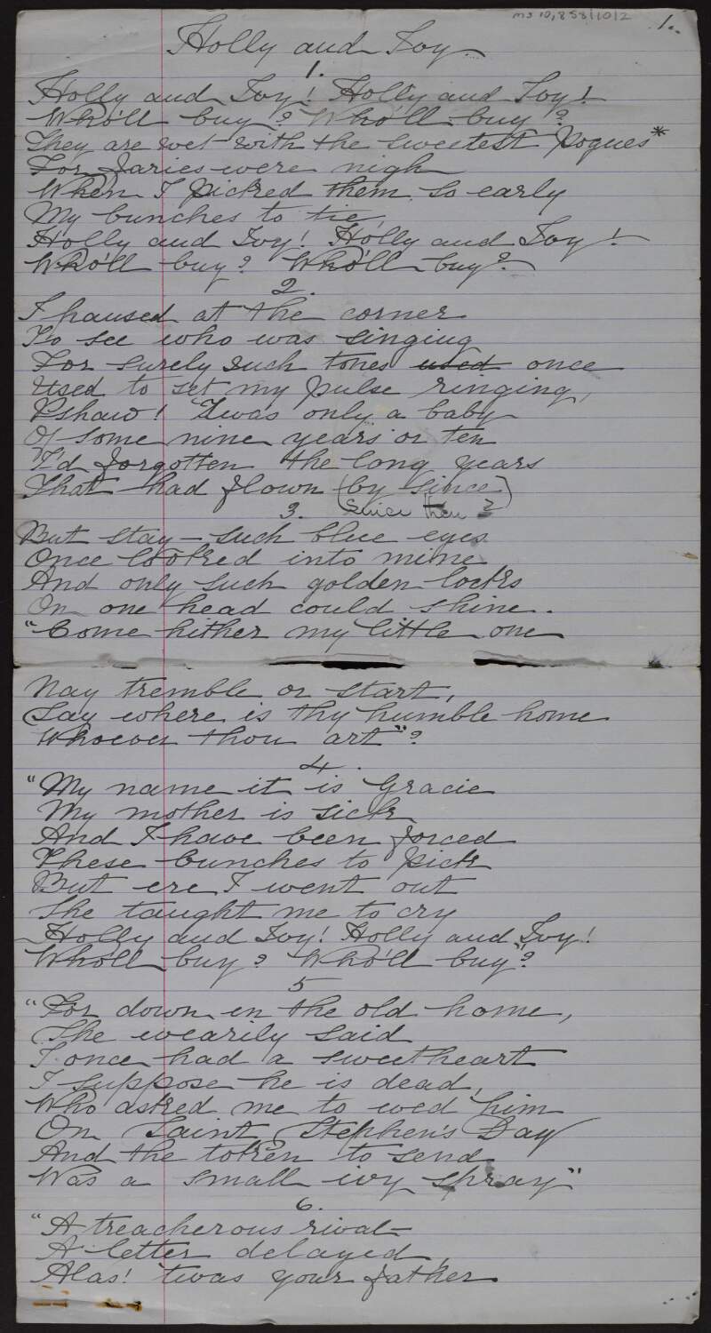 Manuscript poem entitled 'Holly and Joy' by Mary-Louise MacDonagh,