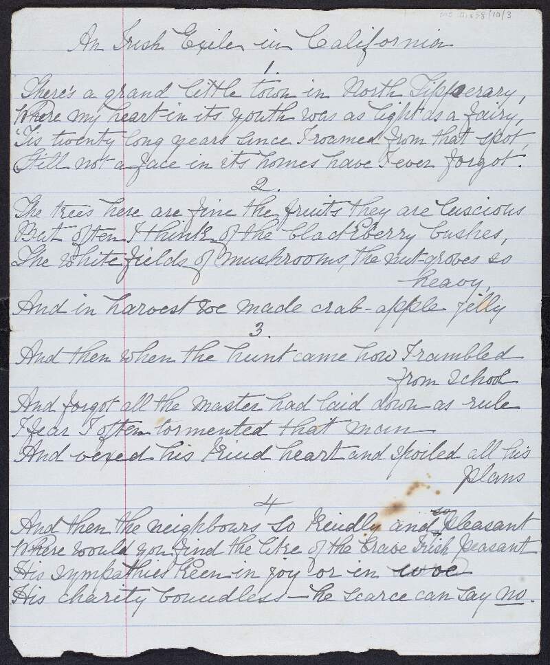 Manuscript of poem entitled 'An Irish Exile in California' by Mary-Louise MacDonagh,