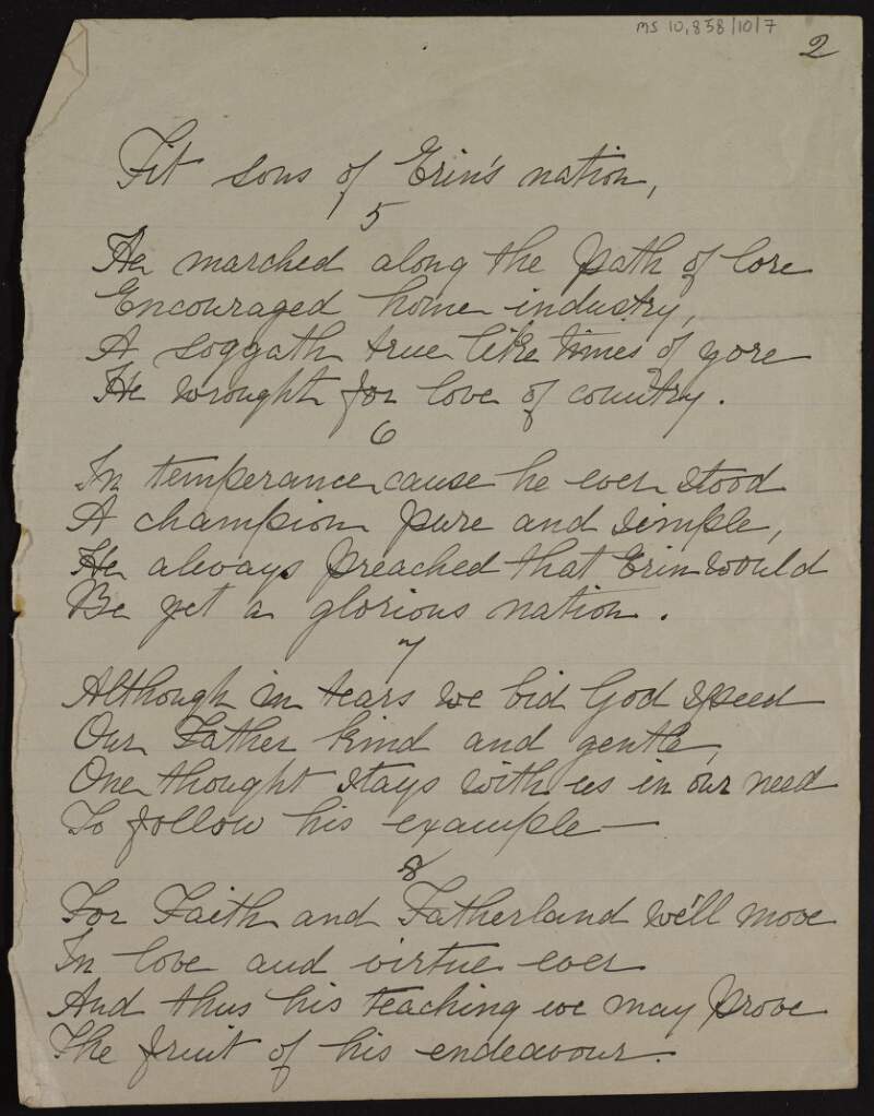 Manuscript of poem entitled 'Fit sons of Erin's Nation' by Mary-Louise MacDonagh,