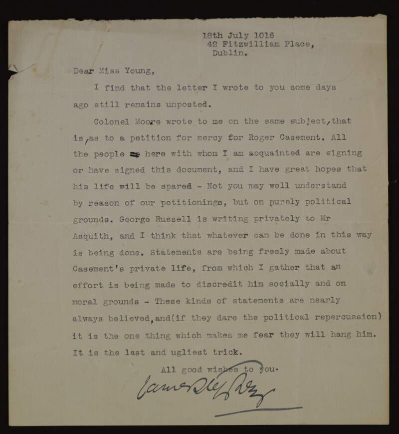 Letter from James Stephens to Ella Young regarding petitions for the release of Sir Roger Casement and fears over attempts to blacken Casement's name socially and morally,