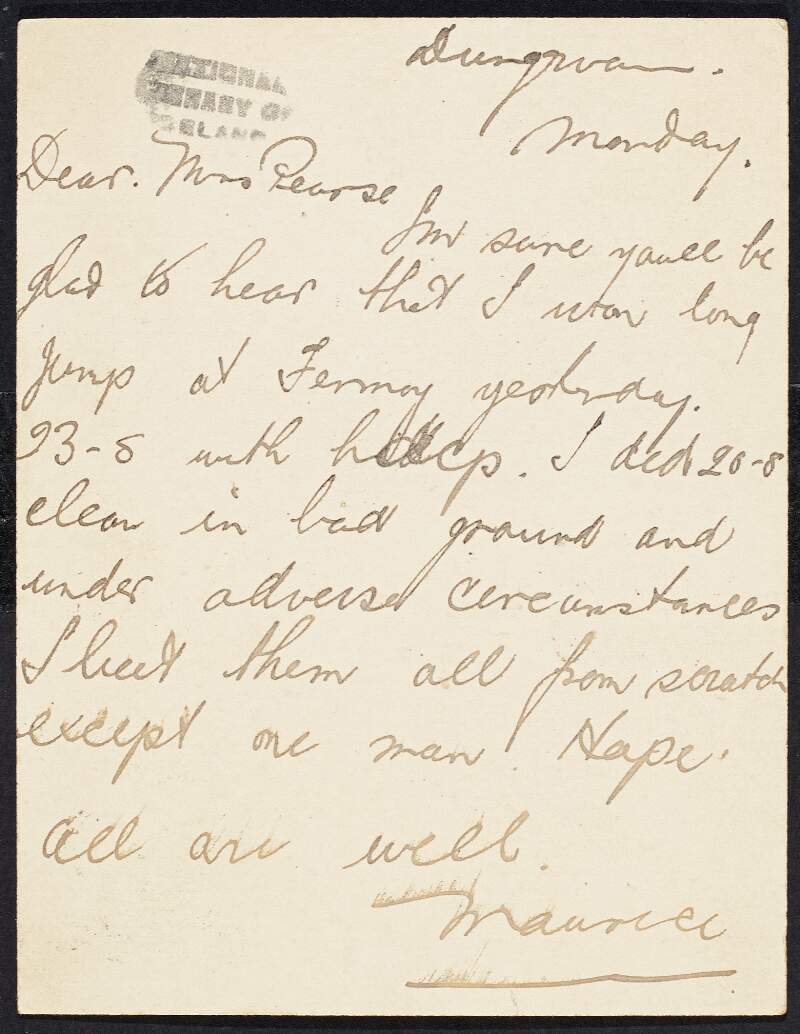 Postcard from Maurice Fraher, Dungarvan, Co. Waterford, to Margaret Pearse regarding his recent victory at the "long jump in Fermoy",