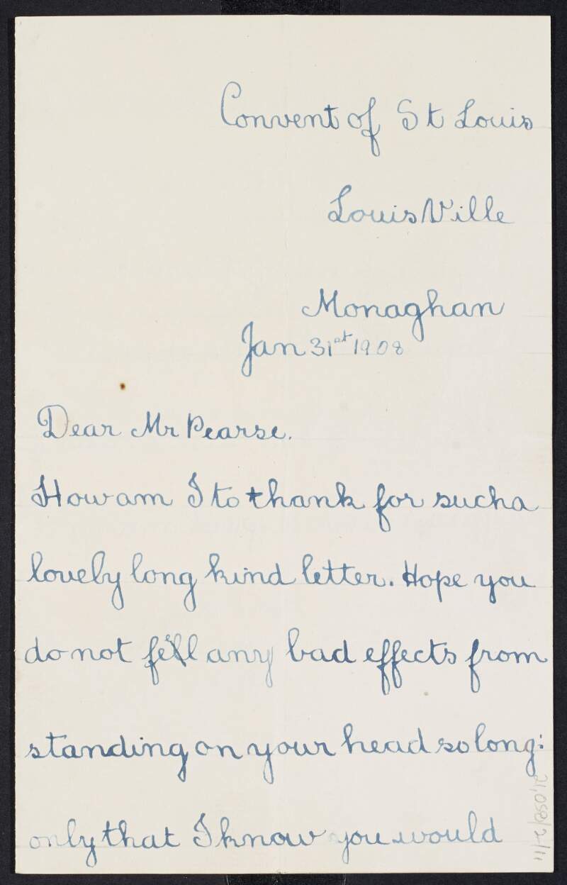 Letter from Mabel Gorman to William Pearse regarding not having been chosen as a model for an artist in the convent and also her making her Communion the following year,